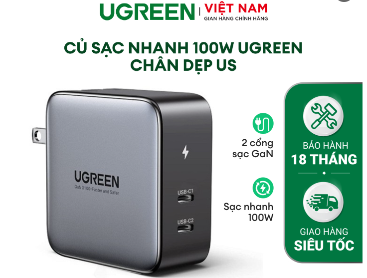 Củ sạc nhanh 100W Nexode GaN 2 cổng USB Type C Ugreen 40795 - Hàng chính hãng