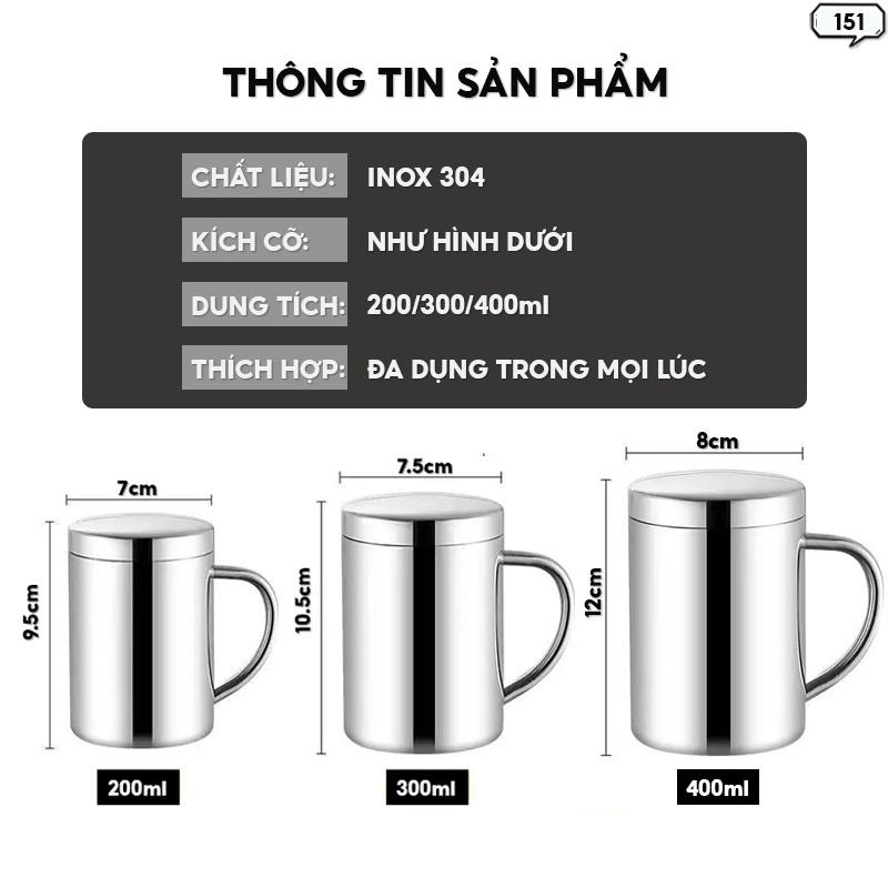 Cốc Inox 2 Lớp Có Kèm Nắp Inox 304 Ly Dung Tích 200ml Đong Trà Sữa Ly Uống Trà 151