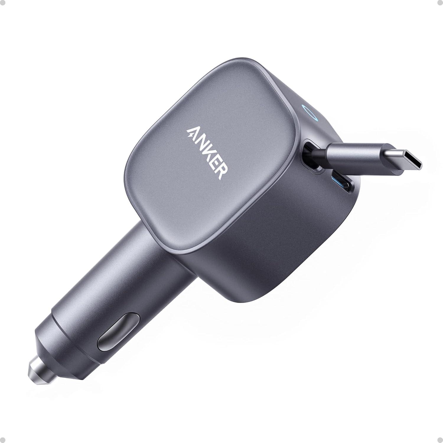 Tẩu sạc ô tô Anker Nano 1C 75W (Built-In Retractable USB-C Cable) Xám (Gray) A2738 - Hàng Chính Hãng