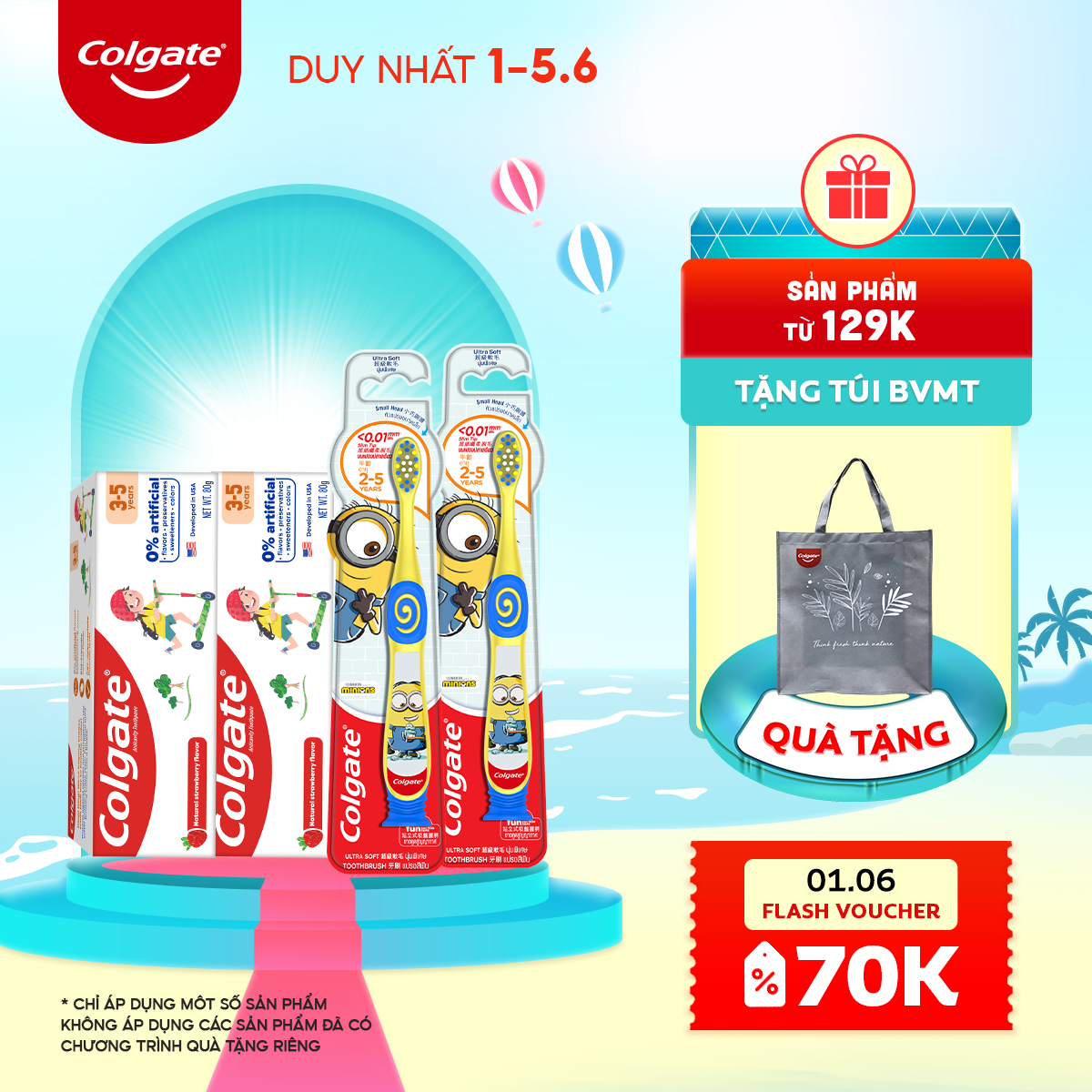 Combo 2 Bàn chải đánh răng Colgate Minion và Kem đánh răng Colgate Kid Free From bé 3-5 tuổi