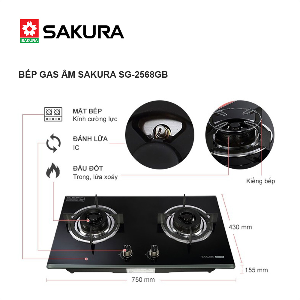 Bếp gas âm SAKURA SG-2568GB - Hàng chính hãng