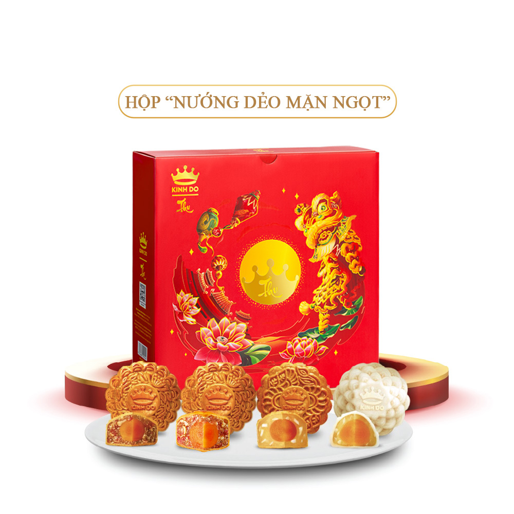 Tặng lồng đèn giấy - Hộp 4 bánh trung thu Kinh Đô &quot;Nướng Dẻo Mặn Ngọt&quot; (3 bánh x 210g + 1 bánh x 230g)