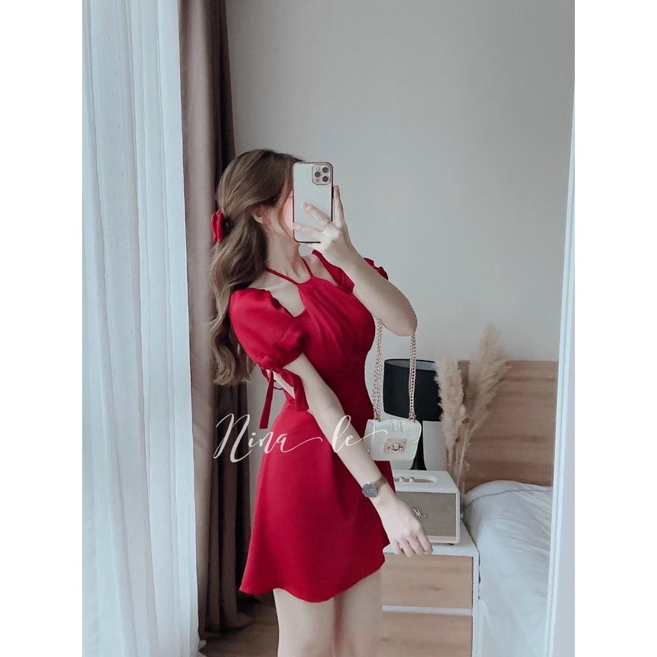 Đầm váy nữ cổ kiểu yếm tay ngắn buộc nơ ôm eo dáng xòe gợi cảm, quý phái cho nàng dự tiệc