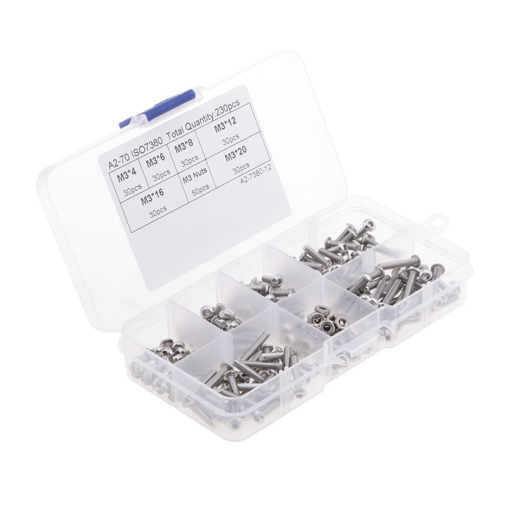 230 Pieces M3 Stainless Steel Button Head Hex Socket Screw & Hex Nuts Kit with Plastic Box