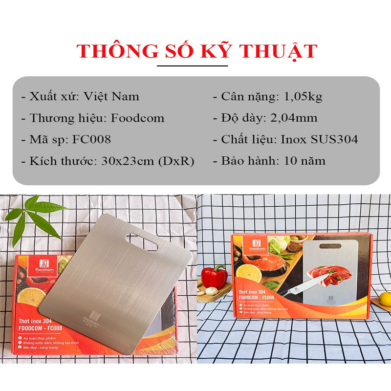 Thớt Inox 304 Foodcom cao cấp  kích thước 23 x 30 cm dễ dàng vệ sinh, chống nấm mốc, vi khuẩn độc hại