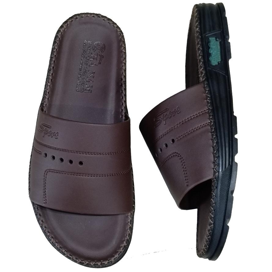 Dép Nam Da Bò HA NAM Đế Siêu Nhẹ Khâu Chỉ Toàn Bộ DNA22035 - Màu Nâu