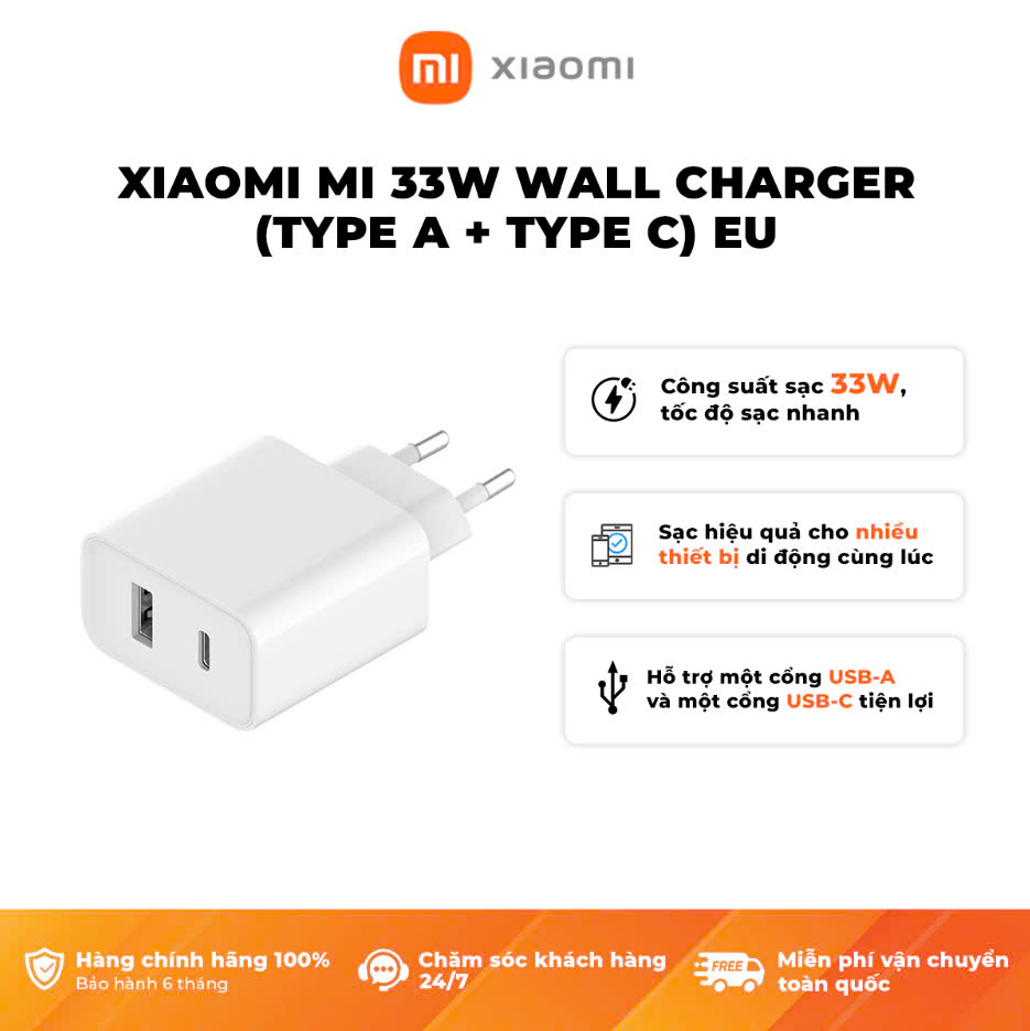 Củ Sạc Nhanh Xiaomi Mi 33W Wall Charger (Type A + Type C) EU - Hàng Chính Hãng