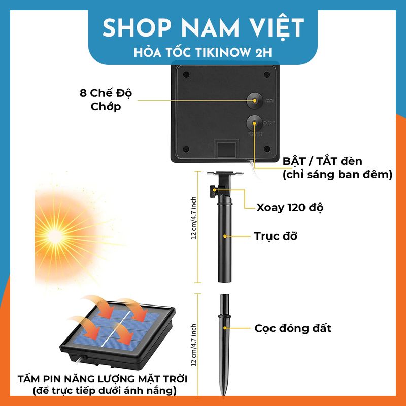 Hình ảnh Đèn Led Dây Leo Năng Lượng Mặt Trời Trang Trí Sân Vườn, Ban Công, 8 Chế Độ Chớp - Chính Hãng NAVIVU