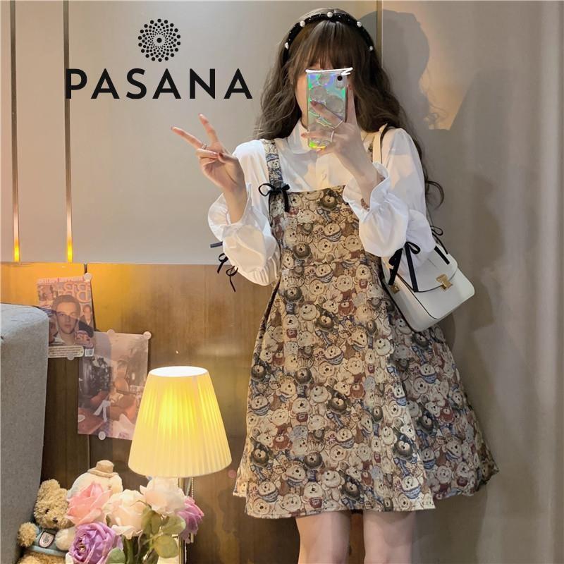 Váy nữ đầm vintage sang chảnh dáng ngắn họa tiết gấu kết hợp sơ mi dài tay Pasana0001v