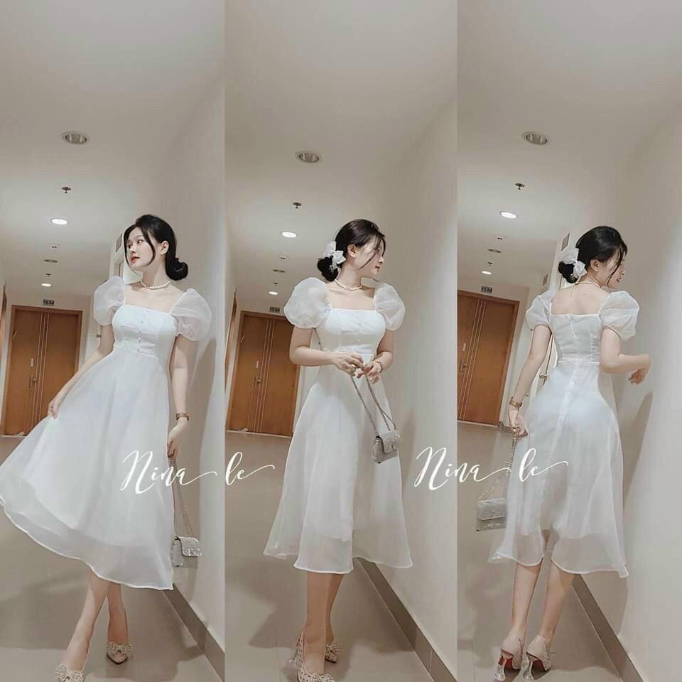Váy đầm nữ dáng xòe màu trắng tinh khôi phối nút HT59 AM