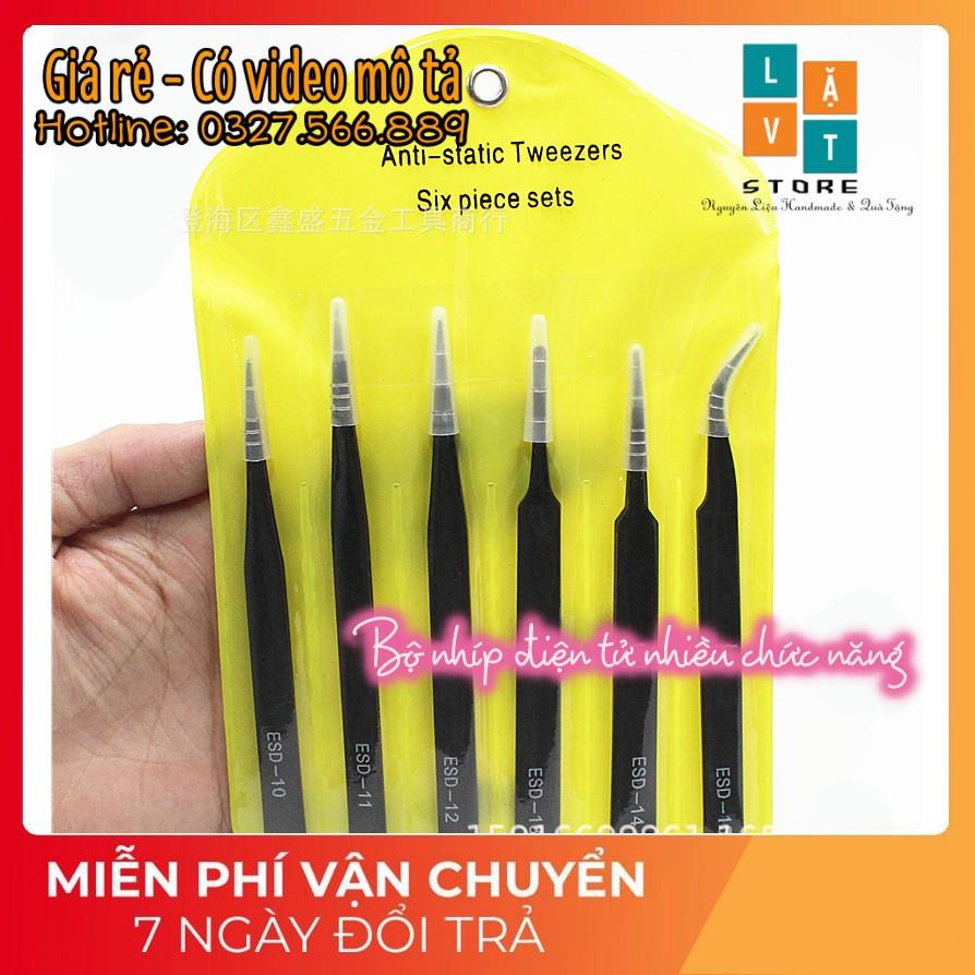 Bộ Nhíp 6 cây bằng thép không gĩ dùng gắp đồ điện tử, điện thoại, sữa chữa đa dụng