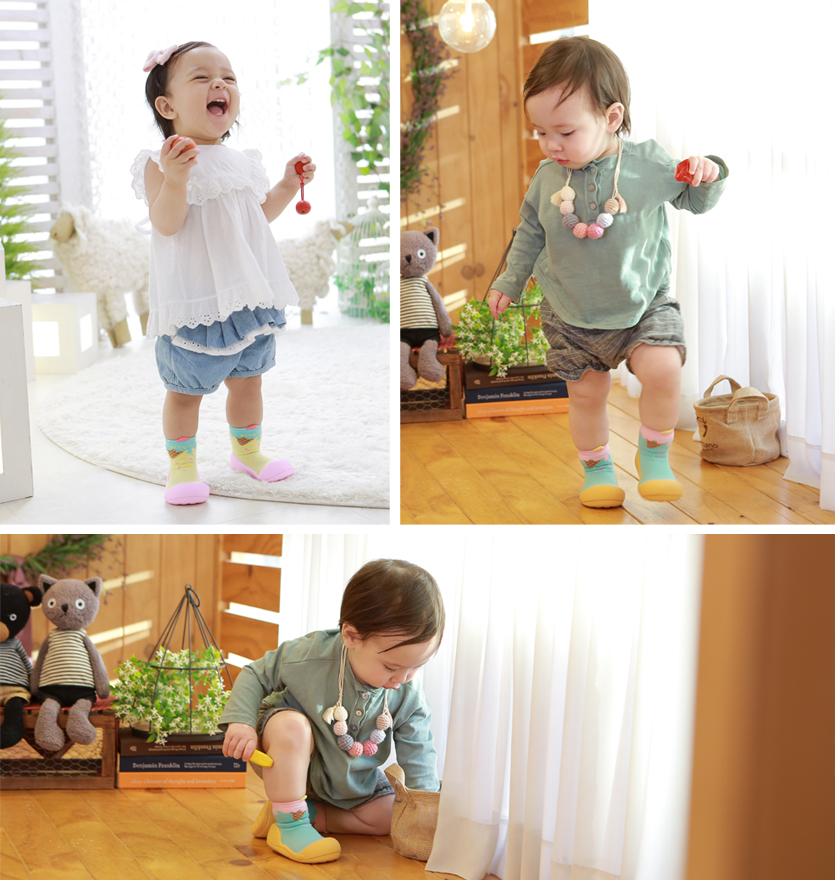 Attipas  Ice Cream - Pink/ AT011 - Giày tập đi cho bé trai /bé gái từ 3 - 24 tháng nhập Hàn Quốc: đế mềm, êm chân &amp; chống trượt