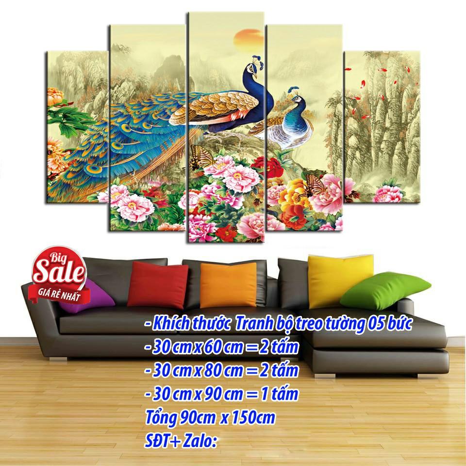 Tranh treo tường trang trí Chim công - Khổng tước 5 tấm 3D/gỗ MDF Hàn Quốc chống ẩm mốc, mối mọt