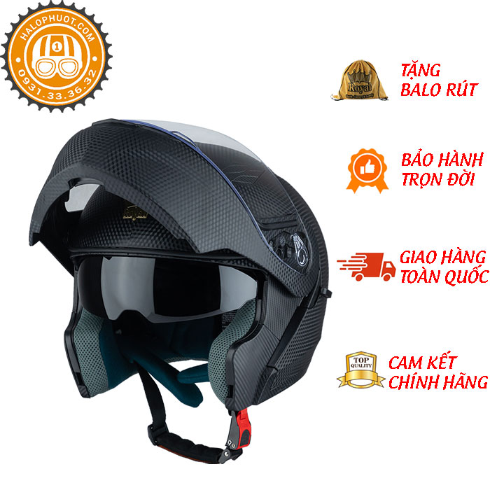 Mũ Bảo Hiểm Fullface Lật Cằm 2 Kính Royal M179 - Vân Carbon