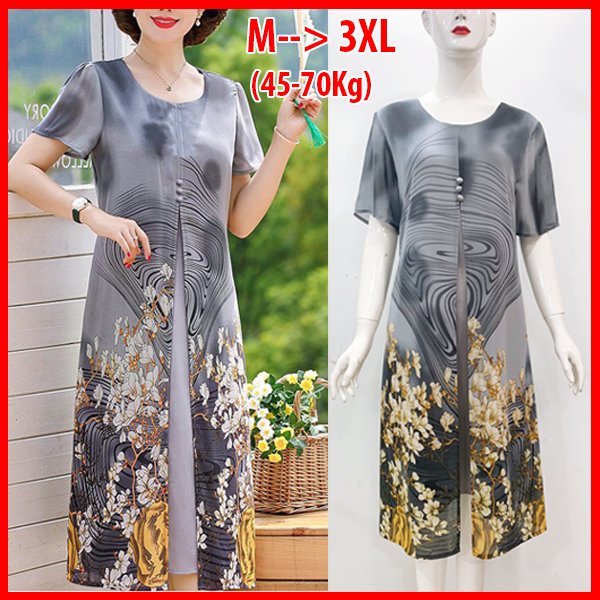 SHOPPRO - Đầm Suông Trung Niên Bigsize Kiểu Đầm Suông Dự Tiệc Trung Niên Xè Tà In Hoa Đính Nút - Thời Trang Trung Niên Nữ 3296