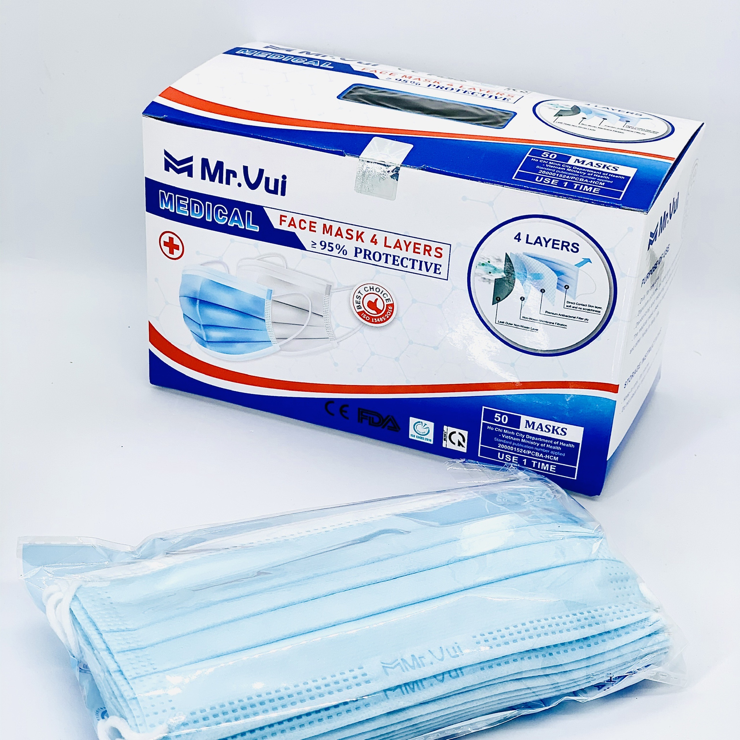 KHẨU TRANG Y TẾ 4 LỚP Mr.VUI - VẢI KHÔNG DỆT KHÁNG KHUẨN – HỘP 50 CÁI - MÀU XANH