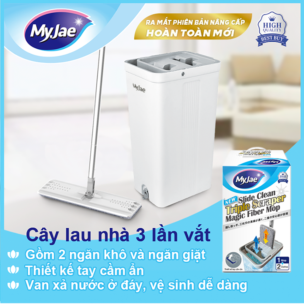 [Phiên bản nâng cấp] Bộ Lau Nhà MyJae Đài Loan Sợi Microfiber 2 Ngăn Tự Vắt Xoay 360 Độ Thông Minh 123cm