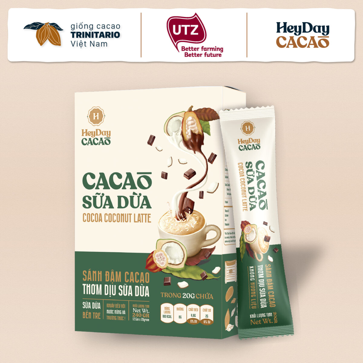 Bột Cacao Sữa Dừa Heyday - Hộp Giấy 12 Gói Tiện Lợi 20g - Bột cacao sữa dừa tự nhiên, thuần chay - Heyday Cacao