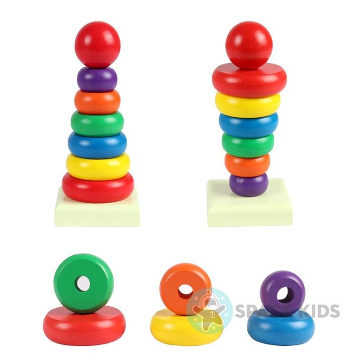 Đồ chơi gỗ cho bé Xếp Tháp gỗ thả khối cầu vồng nhiều màu cho bé