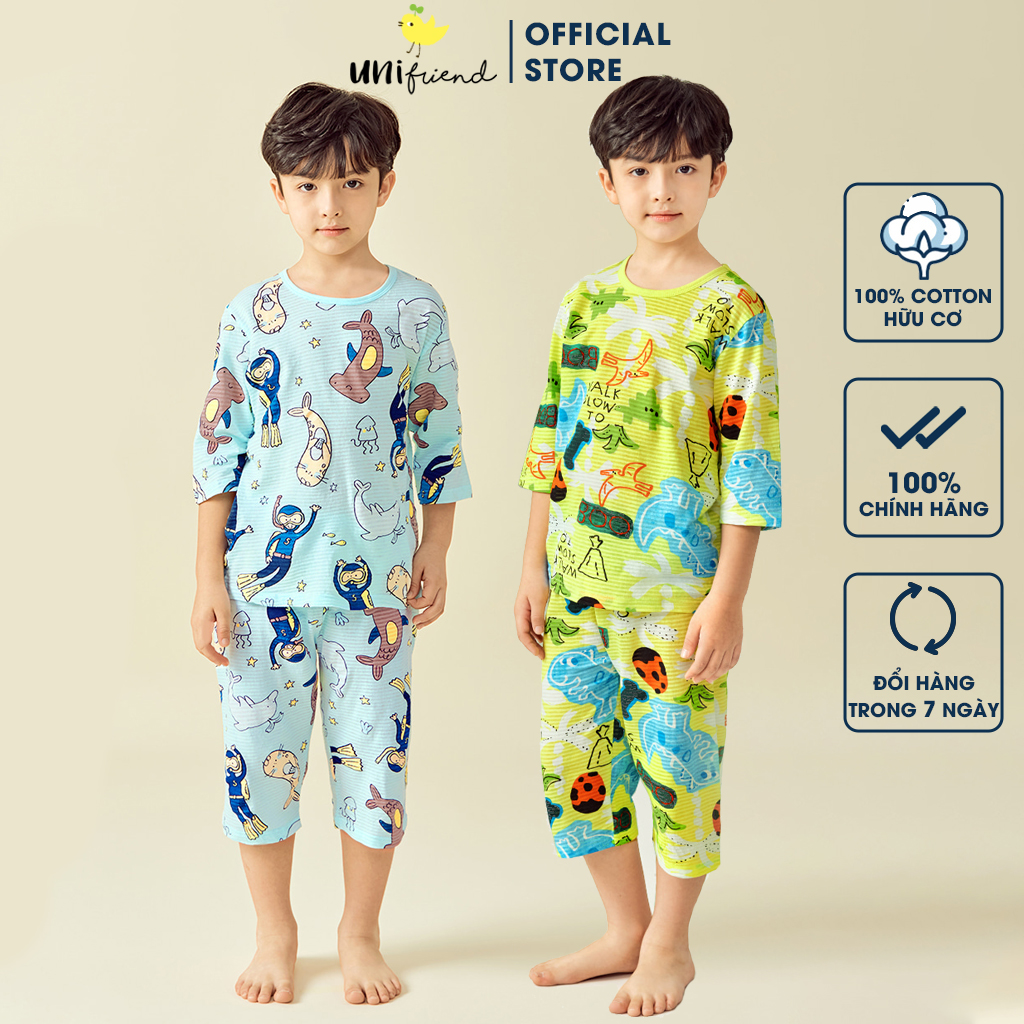 Đồ bộ thun cotton lửng trẻ em, quần áo mùa hè cho bé gái, bé trai Unifriend Hàn Quốc 2022-1