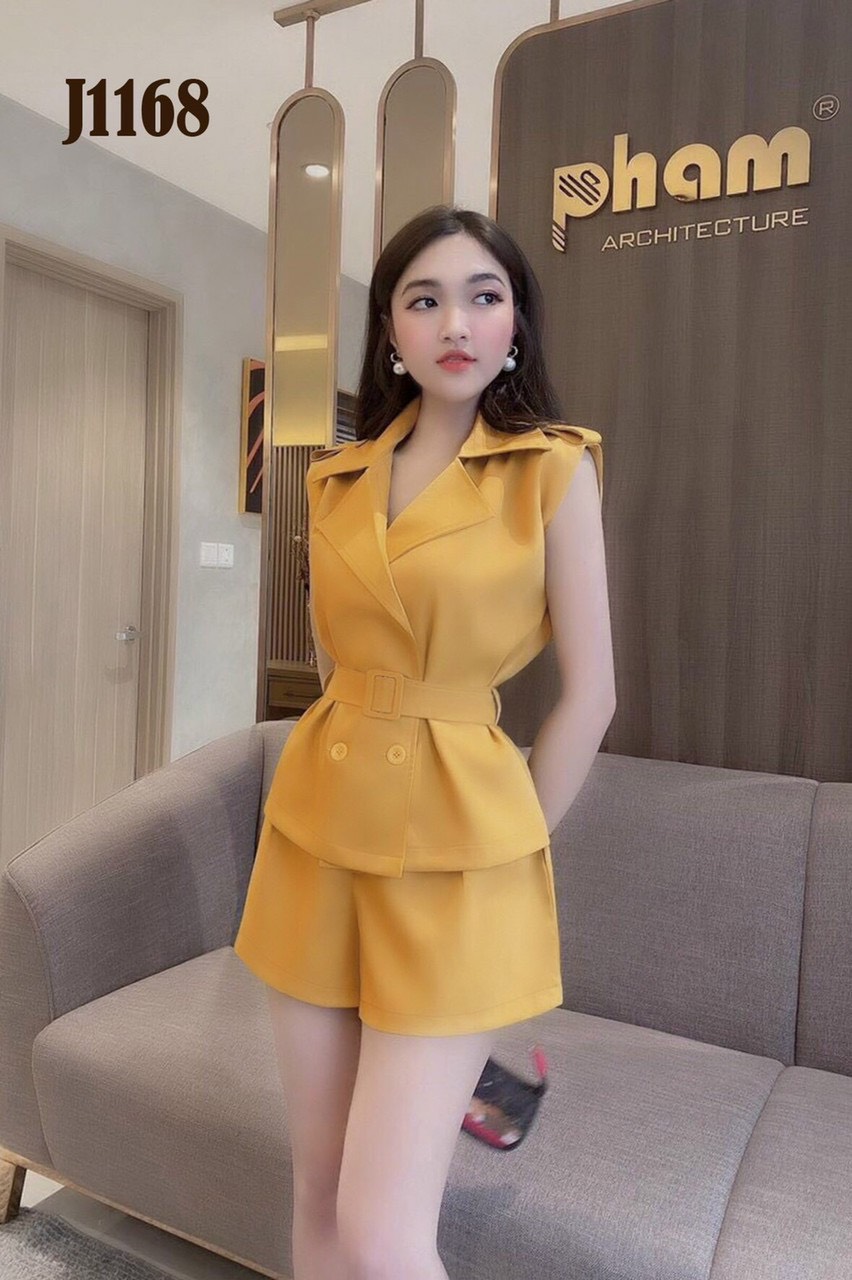 Sét nguyên bộ quần short lưng thun áo cổ vest kèm belt rời