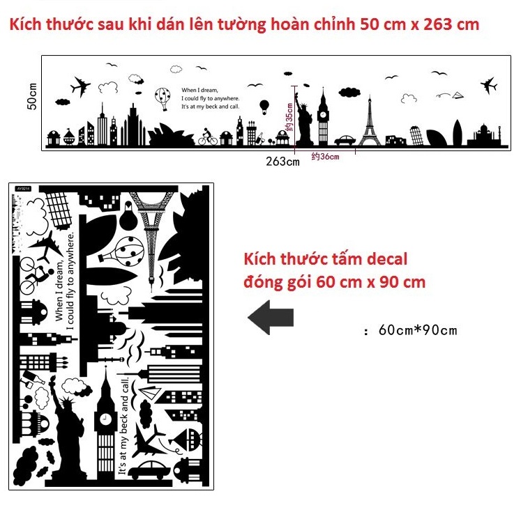 Decal dán tường địa điểm du lịch thế giới đen trắng