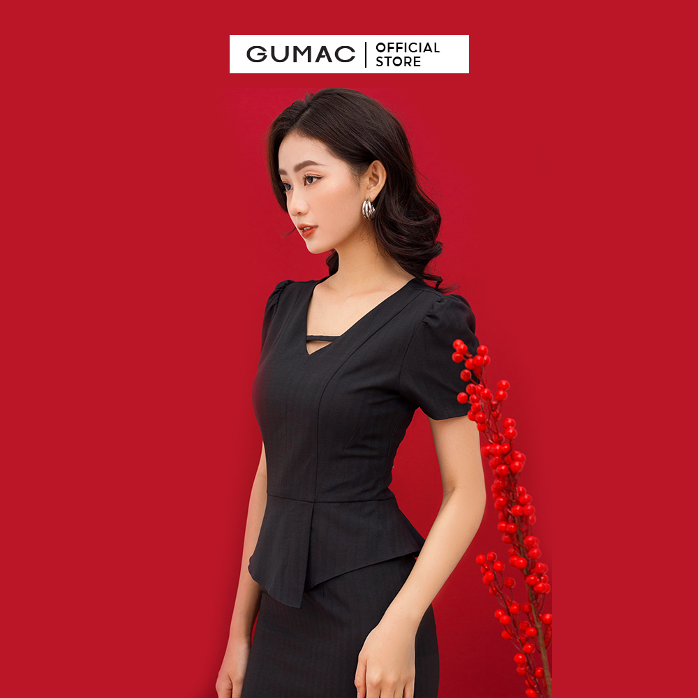Đầm dáng ôm GUMAC DC01040 body công sở thiết kế cổ V phối bèo