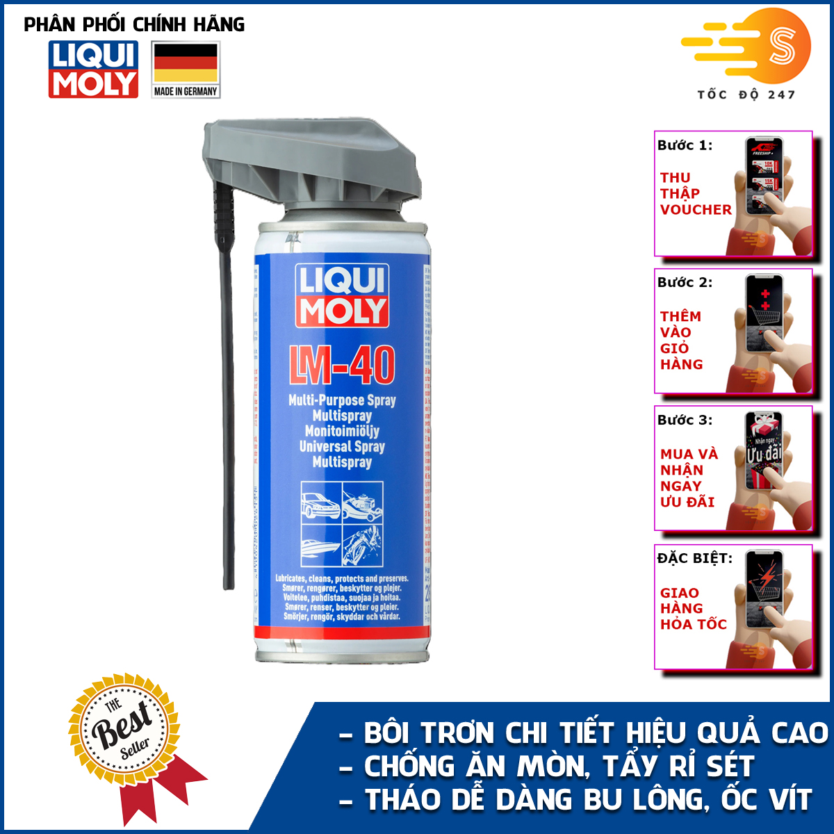 Dầu bôi trơn đa năng tẩy rỉ sét có vòi xịt Liqui Moly 3390 - Tháo ddàng bu lông, ốc vít, giảm ma sát chi tiết