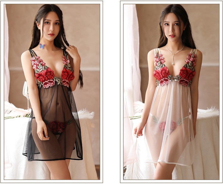 Váy ngủ thêu hoa xẻ tà sexy VN21 kèm quần lót lọt khe , Đầm ngủ gợi cảm, Đồ lót sexy, Freesize