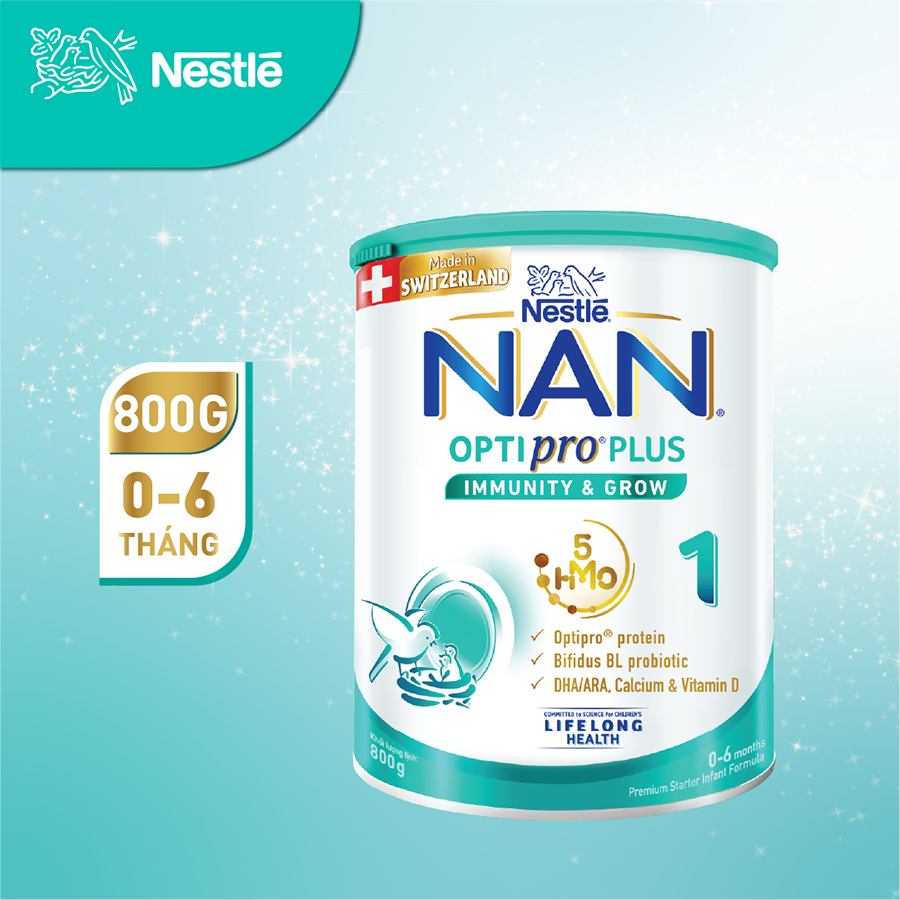 Sữa bột Nestlé NAN OPTIPRO PLUS 1 800g/lon với 5HMO Sản Xuất Tại Thụy Sĩ (0 - 6 tháng)