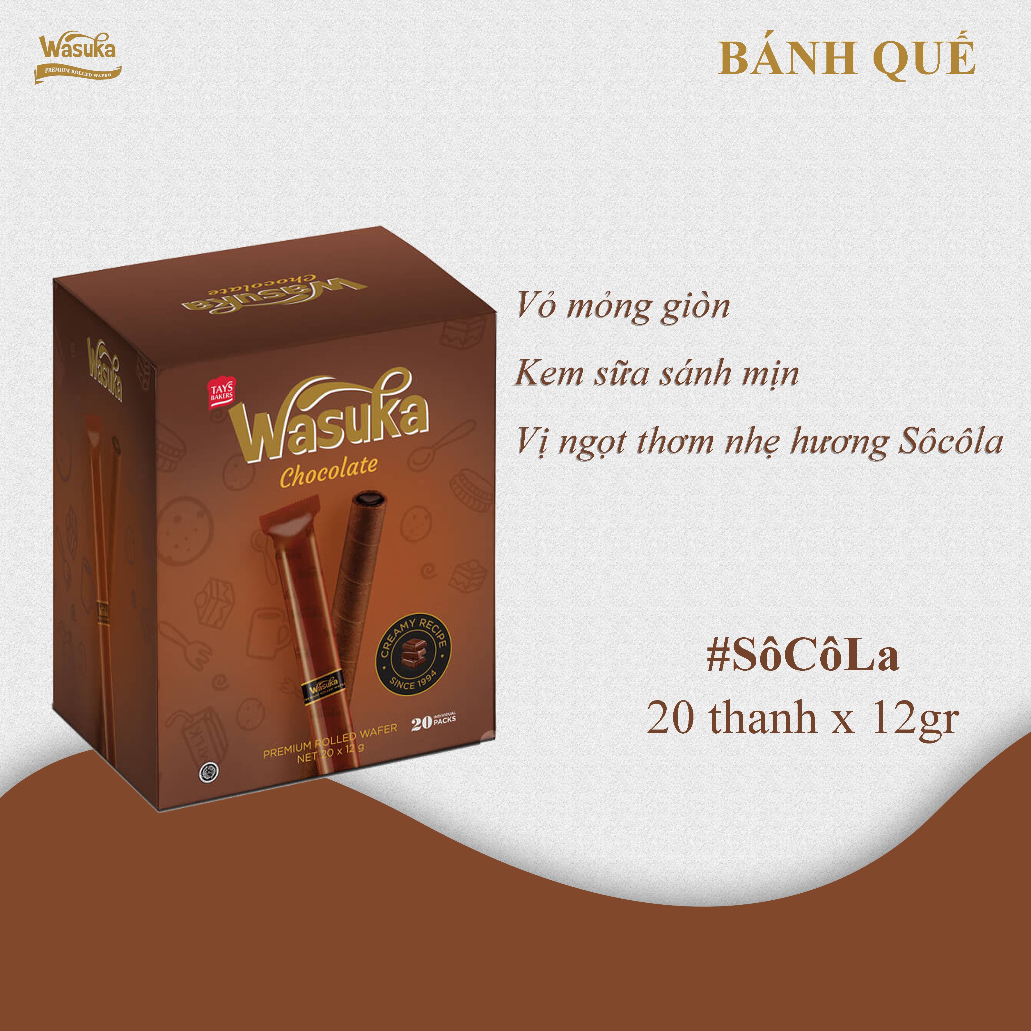 Bánh Quế Wasuka Vị Socola (20 thanh x 12gr)