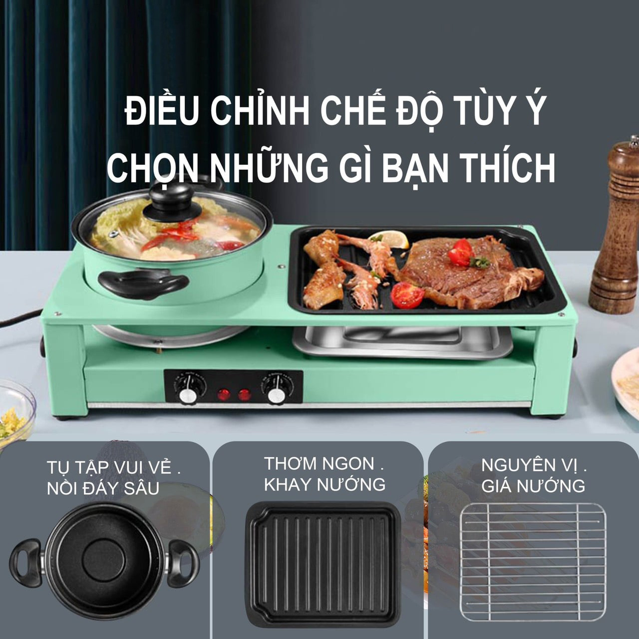 Bếp lẩu nướng 2 mâm nhiệt NSh DK-303 tích hợp vừa nướng vừa lẩu có 2 nút diều khiển riêng biệt