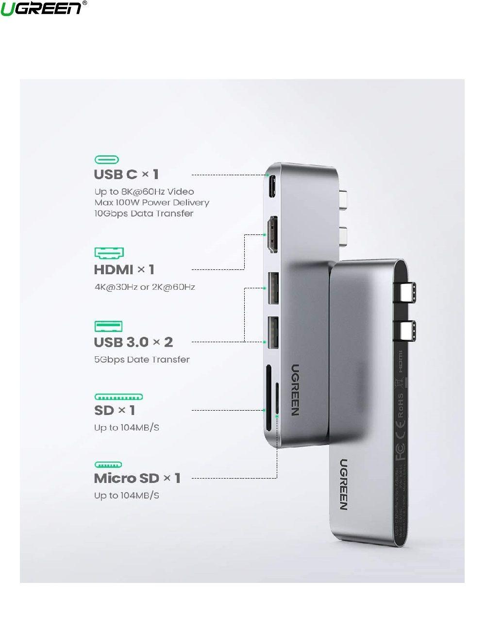 Ugreen UG80856CM380TK 6 trong 2 macbook pro thunderbolt 3 type c hub 8k HDMI - PD - Sd- TF - 2 x Usb A 3.0 màu xám - HÀNG CHÍNH HÃNG