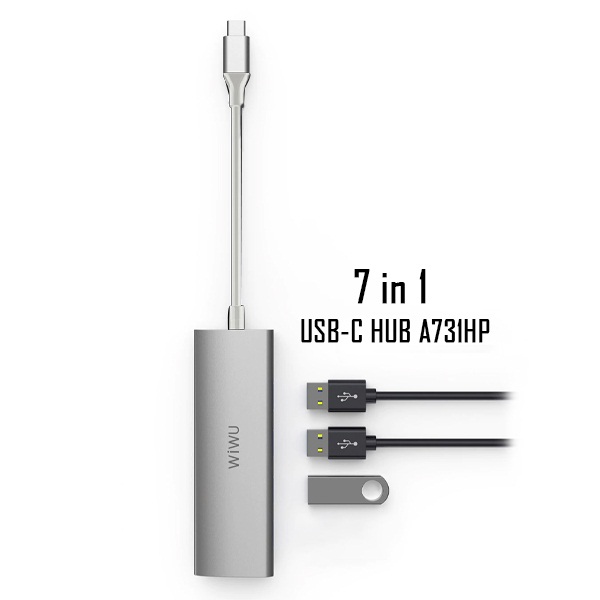 Hub sạc nhanh đa năng 7 in 1 chia cổng Type-C hiệu WIWU ALPHA A731HP thành cổng Type-C PD 3.0, 3 cổng USB 3.0, SD & Micro SD, cổng HDMI chuẩn 4k cho Macbook Pro / Smartphone đạt chứng nhận MFI - Hàng nhập khẩu
