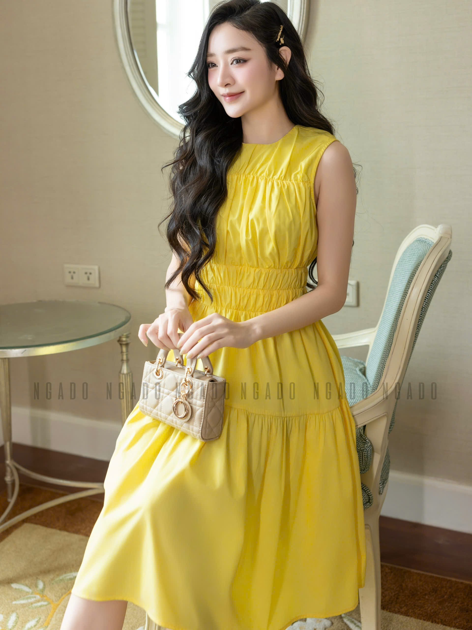 Đầm vàng nhún eo NGADO , đầm dài , đầm sát nách , đầm kiểu Nữ