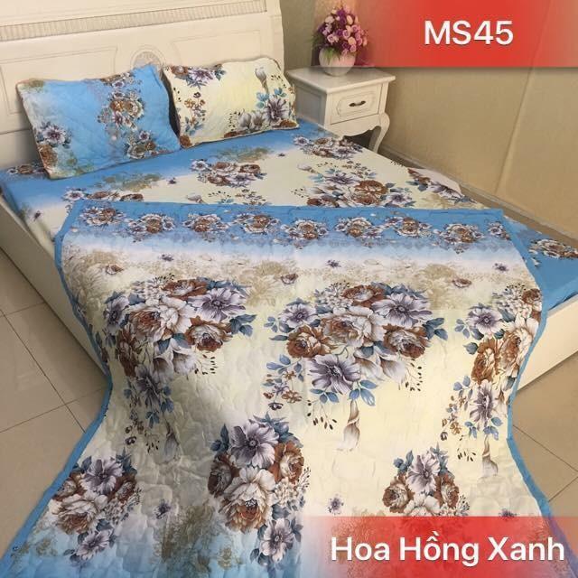 Trọn bộ chăn ra vỏ gối cotton poly 5 món 1m6 2m mẫu hoa xanh