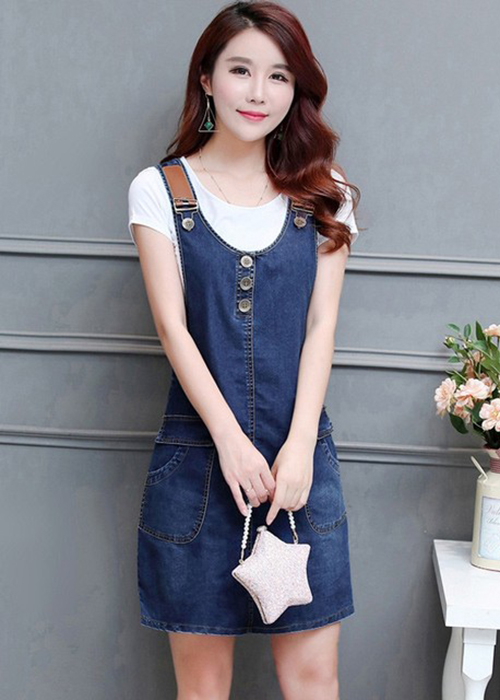 Đầm Yếm Jean Nữ Phối Da Nút Ngực Duyên Dáng