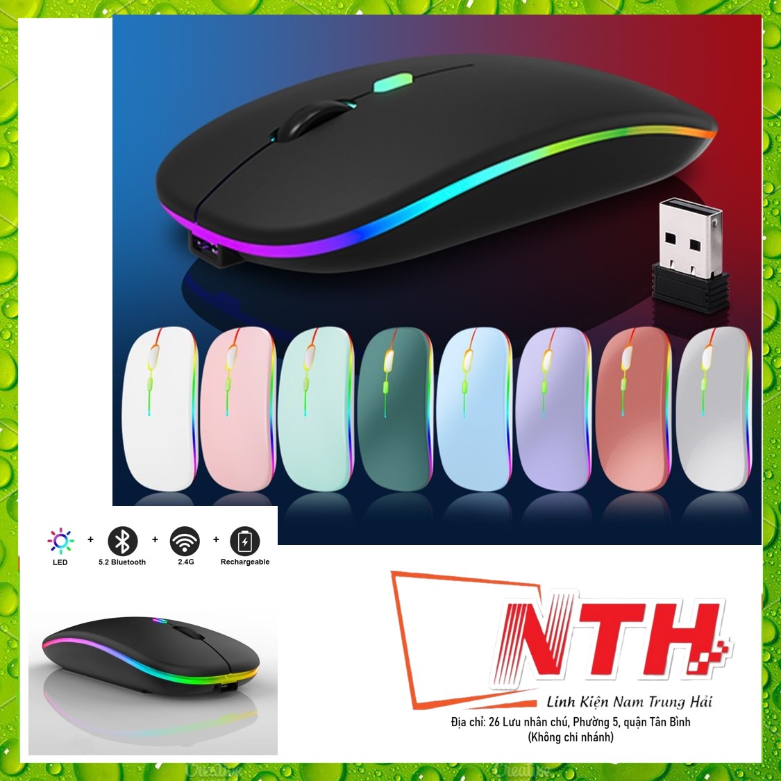 Chuột Không Dây A2 kết nối chip USB 2.4GHz có đèn led với nút nhấn không ồn