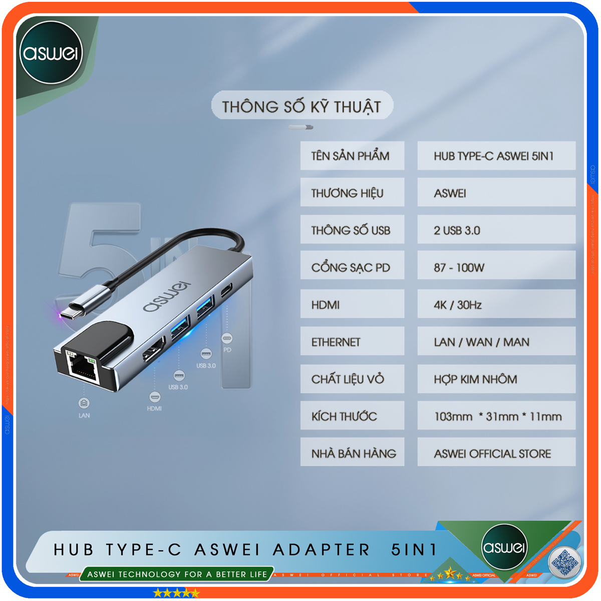 Hub Type C ASWEI 5 in 1 To HDMI, USB 3.0, Lan RJ45, PD 100W - Hub Chuyển Đổi USB Type C 5 Cổng - Cổng Chia USB, Ổ Chia USB Tốc Độ Cao Dành Cho Macbook, Laptop, PC, Máy Tính Bảng, Điện Thoại - Hàng Chính Hãng