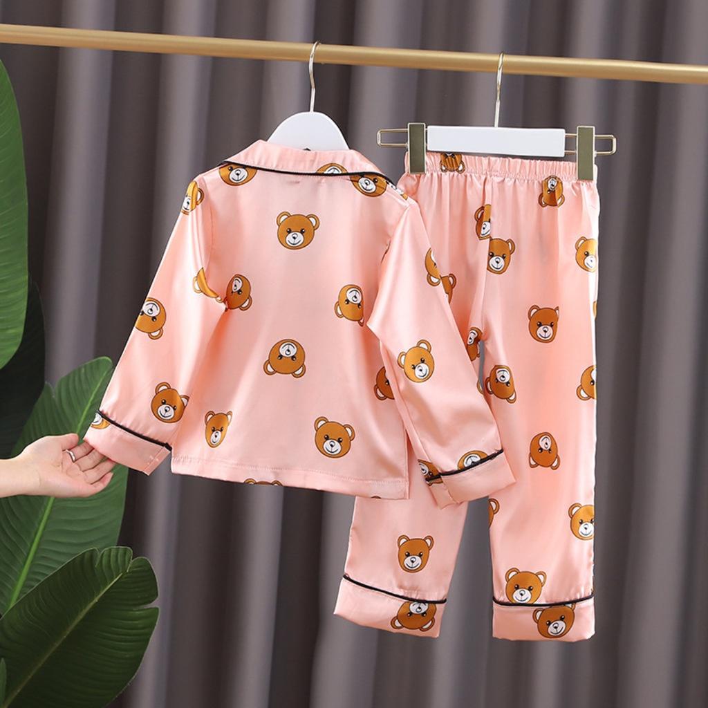 Bộ Pijama Dài Tay In Hình Gấu Chất Lụa Satin Cao Cấp, Đồ Ngủ Lụa Cho Bé Từ 7-28Kg - SUMOKIDS