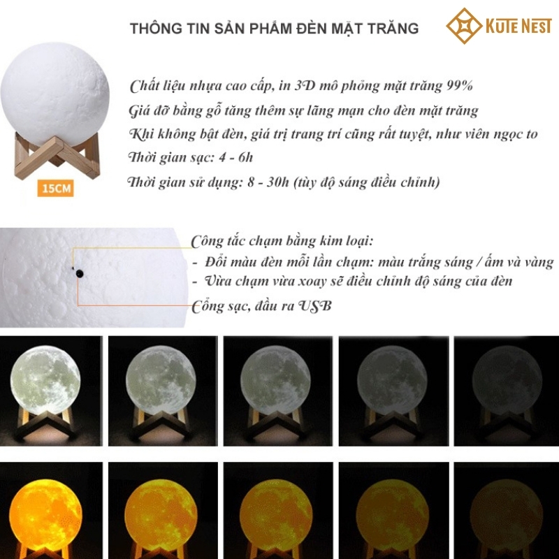 Đèn LED mặt trăng 3D - 3 màu đèn tùy chỉnh độ sáng - ĐK 15 cm