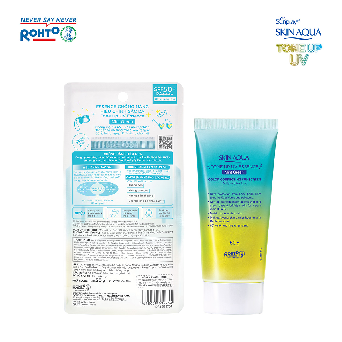 Kem chống nắng nâng tông Skin Aqua Tone up Mint Green cho da trắng có khuyết điểm đỏ, dạng tinh chất Sunplay Skin Aqua Tone Up UV Essence Mint Green SPF 50+ PA++++ 50g