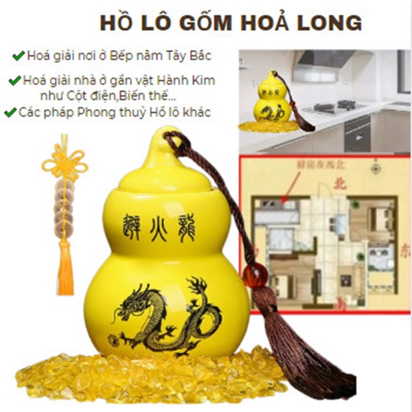 Hồ lô Gốm sứ vàng HOẢ LONG hoá giải Bếp hướng Tây Bắc - phong thuỷ