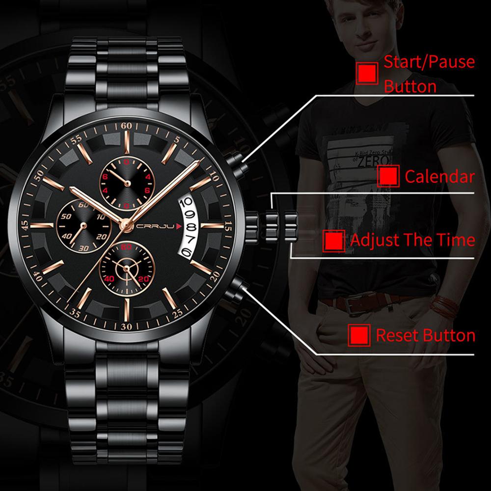 Đồng hồ đeo tay nam CRRJU 2261 Man Quartz phát sáng Chronograph-Vàng đen-Thép