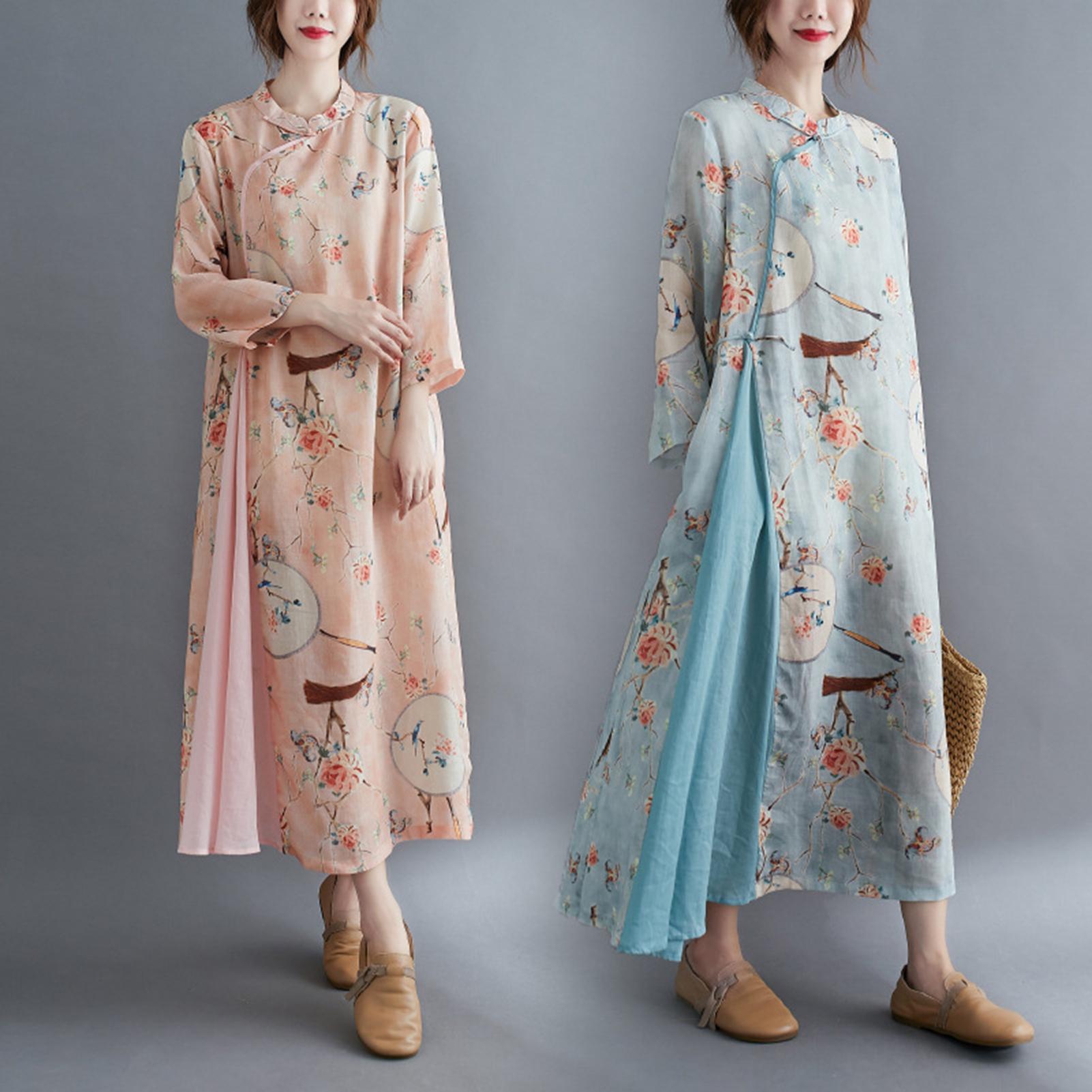 Vintage Women Linen Dress Elegant Floral Frog Button Cheongsam Pockets Loose Casual Shirt Dress