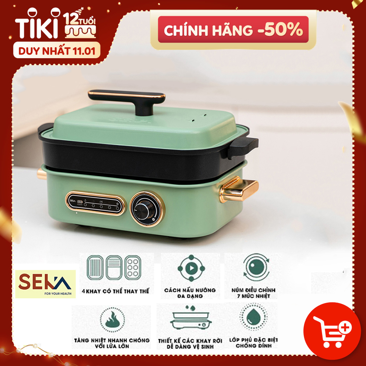 Nồi Lẩu Điện Đa Năng SEKA 1400W - Kết Hợp 4 Trong 1 [Lẩu, Nướng, Hấp, Làm bánh] - Kiểm Xoát Nhiệt Độ An Toàn, Làm Nóng Nhanh, Gia Nhiệt Đều, Lớp Phủ Chống Dính Ceramic Cao Cấp - HÀNG CHÍNH HÃNG.