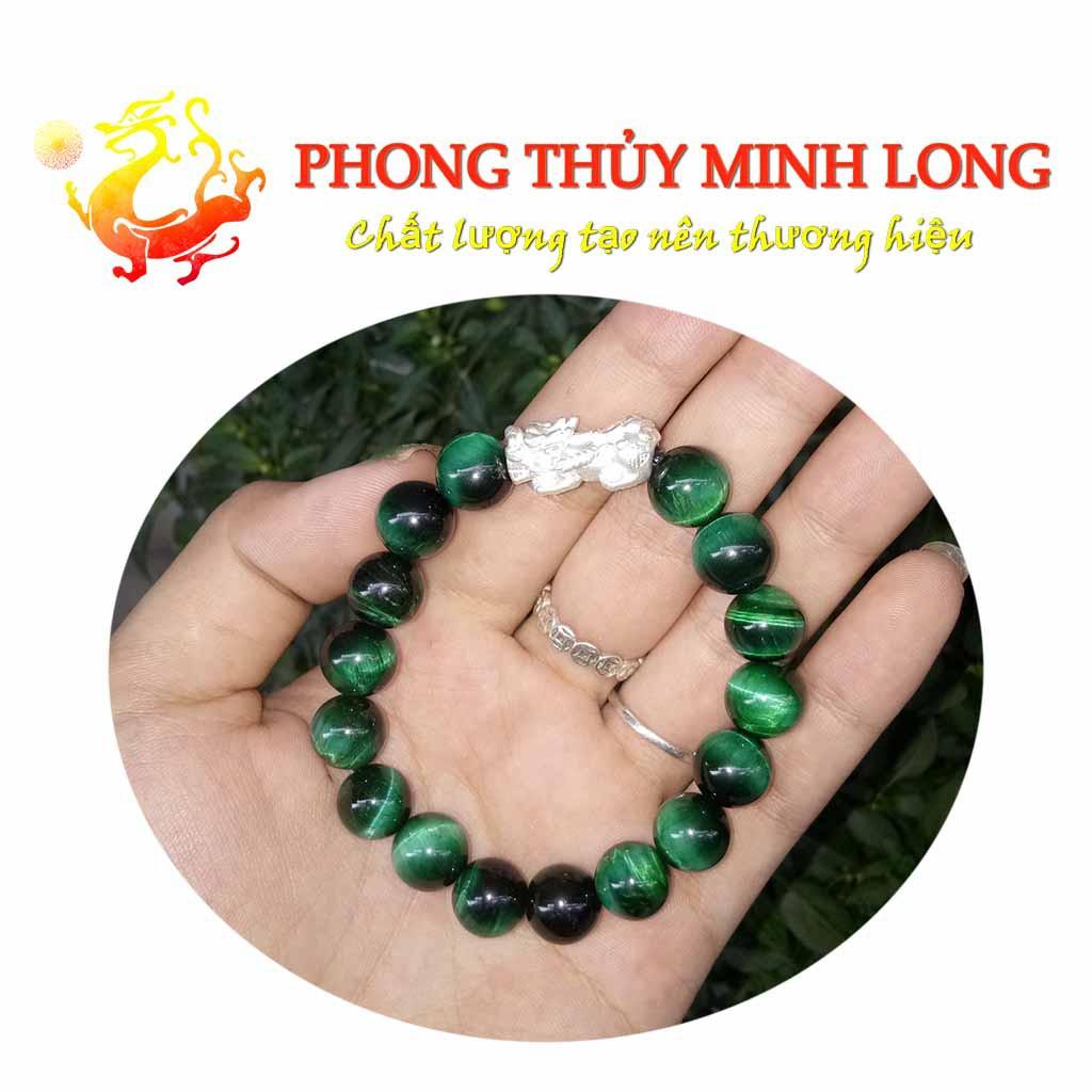 Vòng tay đá Mắt Hổ Xanh Lá 5A mix Tỳ Hưu Bạc hợp mệnh Mộc và Hỏa