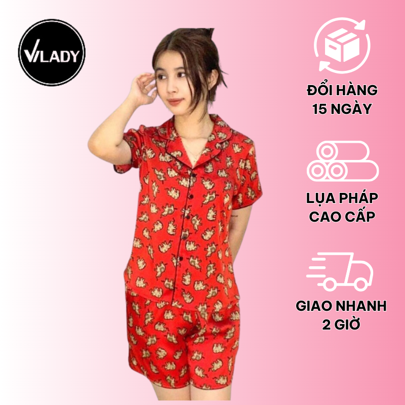Đồ bộ pijama lụa, đồ mặc nhà nữ VILADY - B138 kiểu quần đùi tay cộc họa tiết con Voi siêu dễ thương, chất liệu lụa Pháp - Màu đỏ