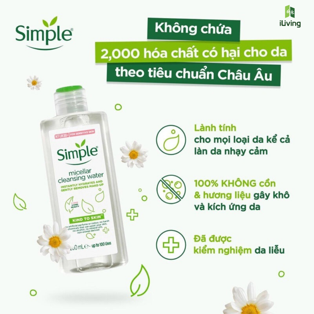 Nước tẩy trang dịu nhẹ dành cho da nhạy cảm Simple Kind To Skin Micellar Water 200ml ILIVING-SIMNTT200