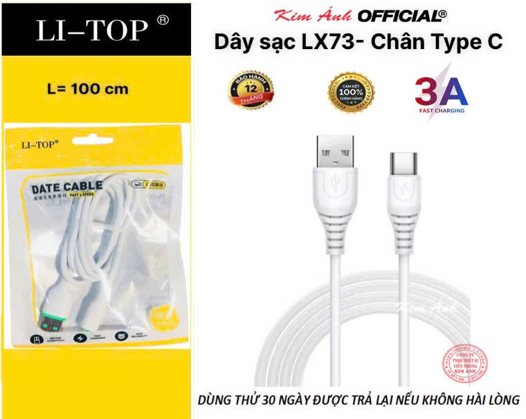 Dây sạc 3A LI-TOP LX33 chân Type C (Túi), dòng điện 3A, Kim Ánh cho dùng thử 30 ngày, hàng chính hãng